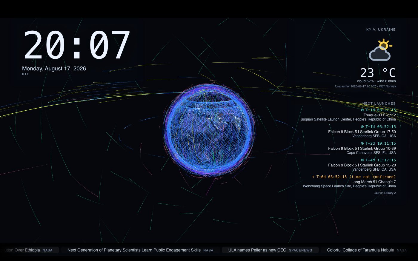 The screensaver: the globe with a clock, local weather and a news ticker