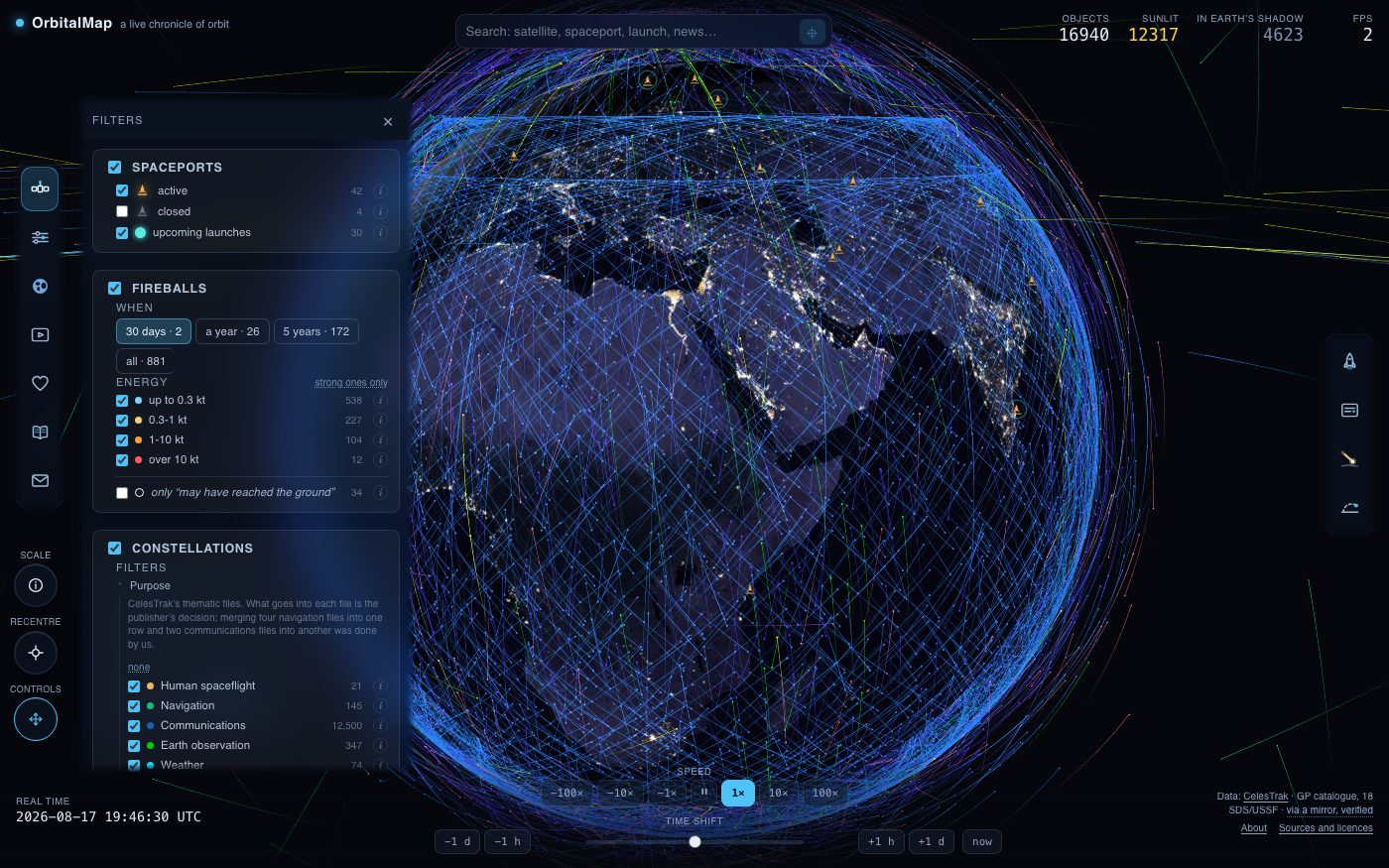 The filters panel with spaceports, launches, fireballs and satellite groups