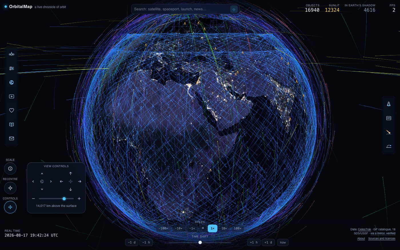 The globe with satellites in orbit, the search box and the counters along the top