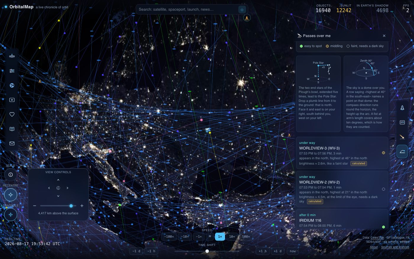 The pass panel listing satellites crossing the sky above a chosen position