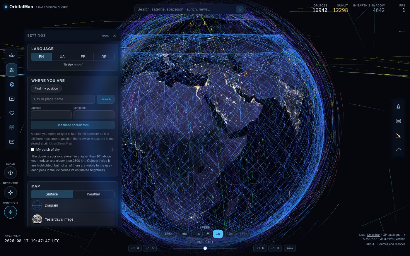 The settings panel: the map surface, light and sky, and the rotation of the globe